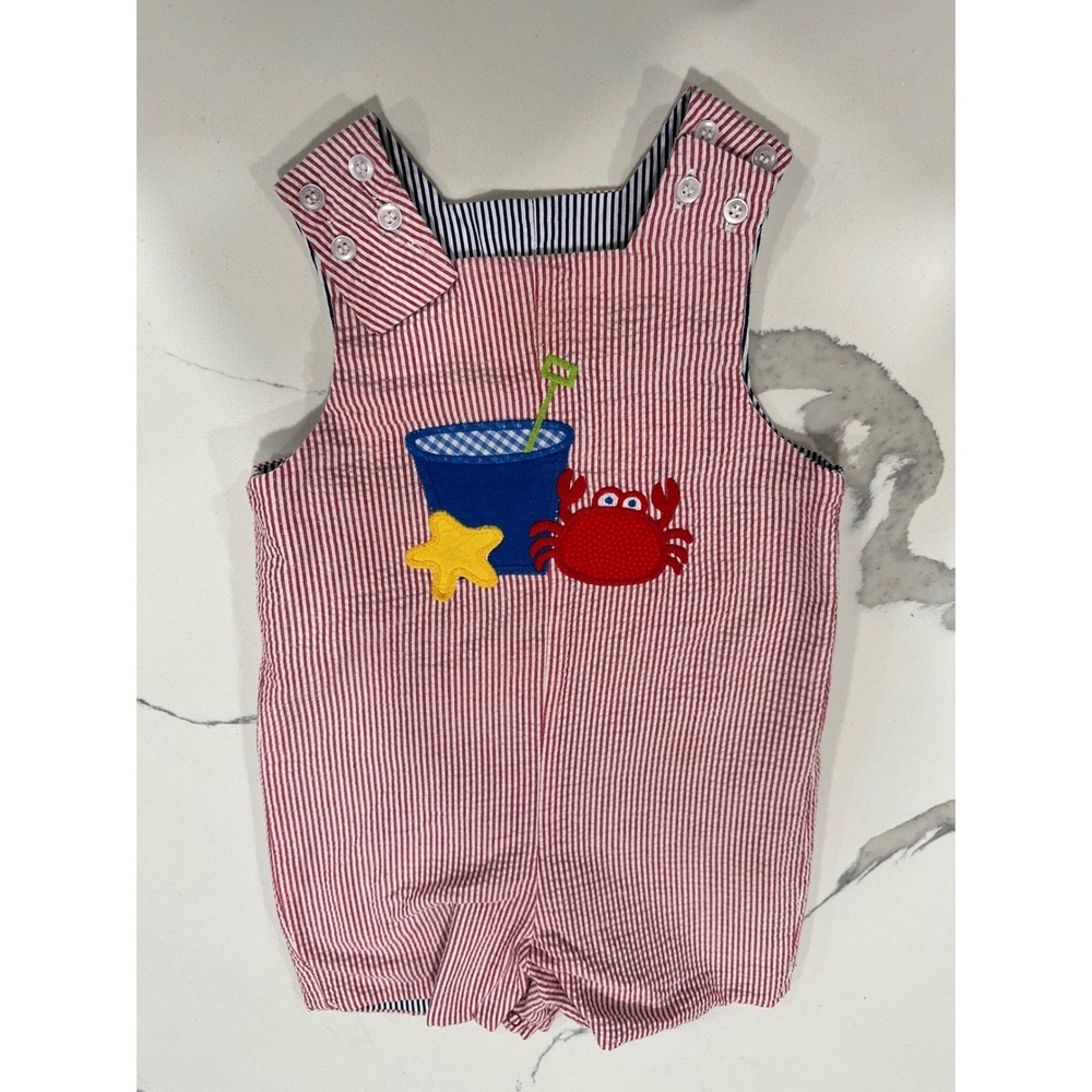 The Bailey Boys Reversible Seersucker Jon Jon Red Blue Stripe Crab Rocket 3T